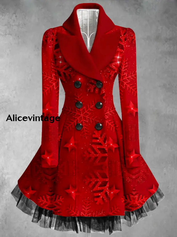 Ruby Snowy Art Printed Elegant Lapel V-Neck Button Up Thick Long-Sleeved Mesh Gauze Midi Dress