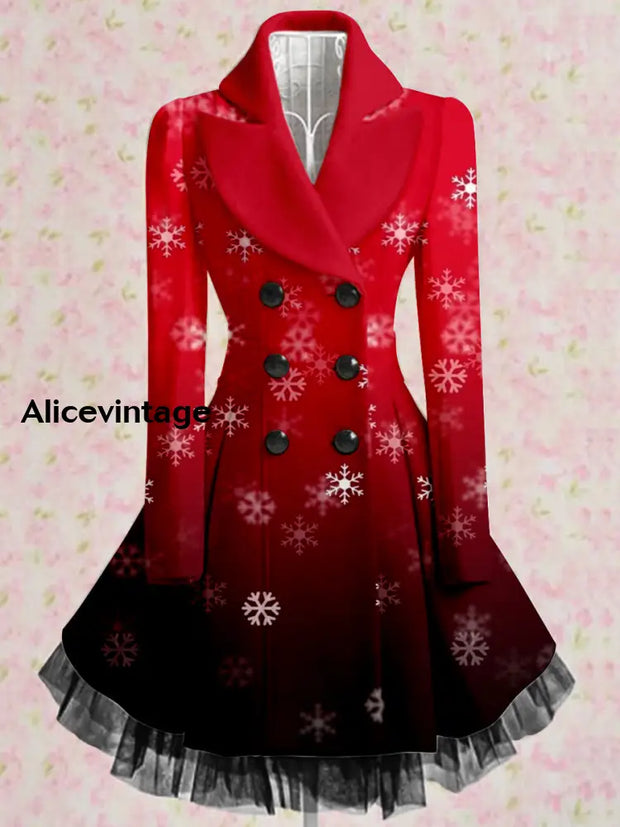 Ruby Snowy Art Printed Elegant Lapel V-Neck Button Up Thick Long-Sleeved Mesh Gauze Midi Dress