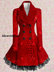 Ruby Snowy Art Printed Elegant Lapel V-Neck Button Up Thick Long-Sleeved Mesh Gauze Midi Dress