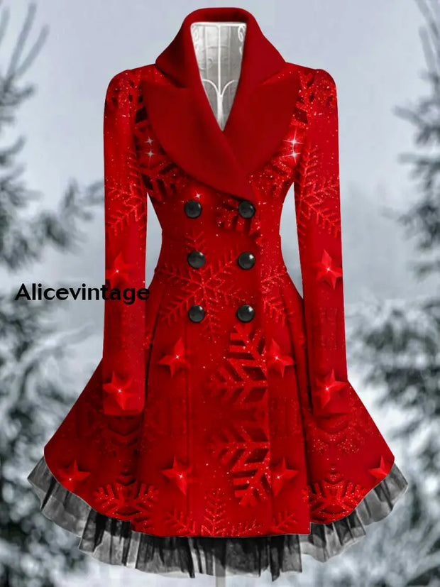 Ruby Snowy Art Printed Elegant Lapel V-Neck Button Up Thick Long-Sleeved Mesh Gauze Midi Dress A / S