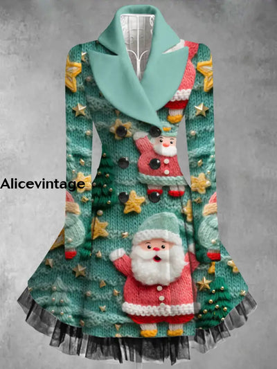 Santa Claus Art Print Vintage Elegant Lapel V-Neck Button Up Long Sleeve Coat Dress