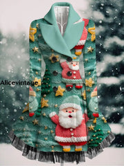 Santa Claus Art Print Vintage Elegant Lapel V-Neck Button Up Long Sleeve Coat Dress A / S