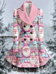 Santa Claus Print Vintage Elegant Lapel V-Neck Button Up Long Sleeve Coat Dress A / S