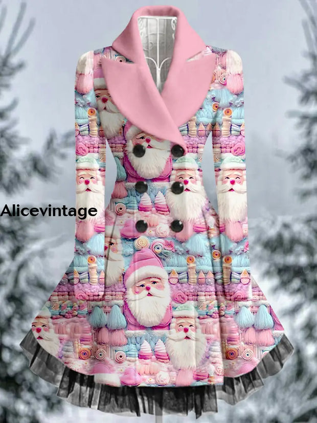 Santa Claus Print Vintage Elegant Lapel V-Neck Button Up Long Sleeve Coat Dress A / S