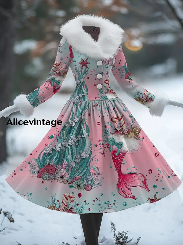 Sea Life Art Print Vintage Elegant Fur Collar Long Sleeve Midi Dress A / S