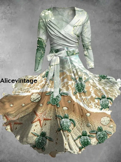 Sea Turtle Art Print V-Neck Long Sleeve Two Piece Vintage Midi Dress