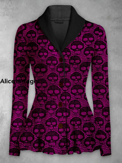 Skull Art Print Vintage Elegant Lapel V-Neck Button Up Long Sleeve Top A / S