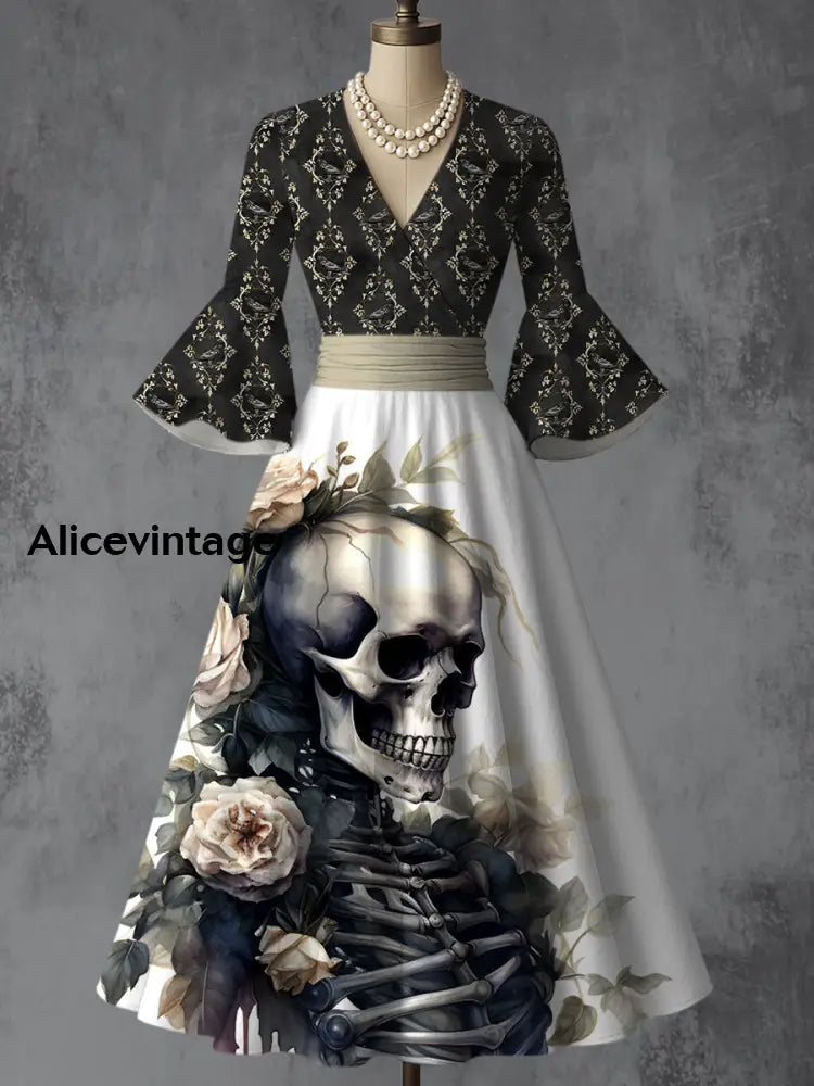 Skull Floral Art Print V-Neck Flare Sleeve Vintage Elegant Dress A / S