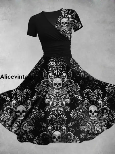 Skull Floral Art Print Vintage Chic Short Sleeve Midi Dress A / S