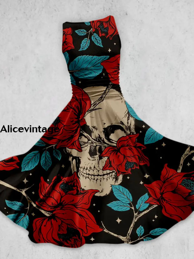 Skull Floral Art Print Vintage Chic Sleeveless Midi Dress A / S