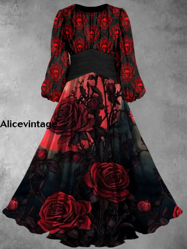 Skull Floral Art Print Vintage Elegant Chic Long Sleeve Midi Dress A / S