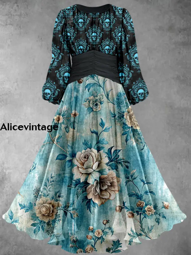 Skull Floral Art Print Vintage Elegant Chic Long Sleeve Midi Dress A / S