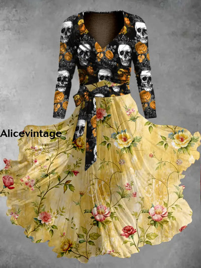 Skull Floral Art Print Vintage V-Neck Long Sleeve Two-Piece Midi Dress A / S