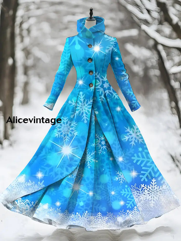 Snowflake Art Print Stand Collar Vintage Long Sleeve Fake Two Piece Maxi Dress A / S