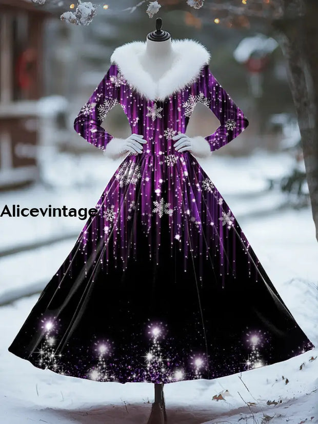 Snowflake Art Print Vintage Elegant Fur Collar Long Sleeve Midi Dress A / S