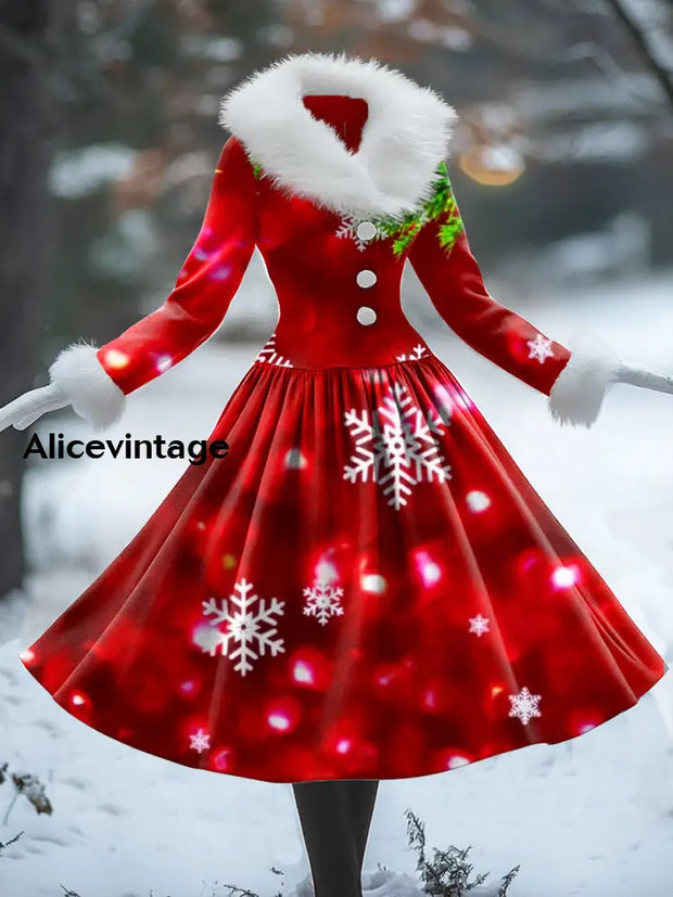 Snowflake Art Print Vintage Elegant Fur Collar Long Sleeve Midi Dress A / S