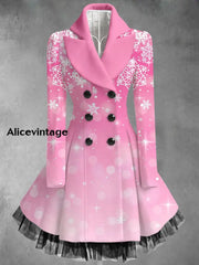 Snowflake Art Print Vintage Elegant Lapel V-Neck Button Up Long Sleeve Coat Dress