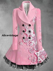 Snowflake Art Print Vintage Elegant Lapel V-Neck Button Up Long Sleeve Coat Dress