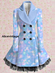 Snowflake Art Print Vintage Elegant Lapel V-Neck Button Up Long Sleeve Coat Dress