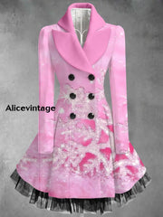 Snowflake Art Print Vintage Elegant Lapel V-Neck Button Up Long Sleeve Coat Dress