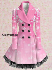 Snowflake Art Print Vintage Elegant Lapel V-Neck Button Up Long Sleeve Coat Dress