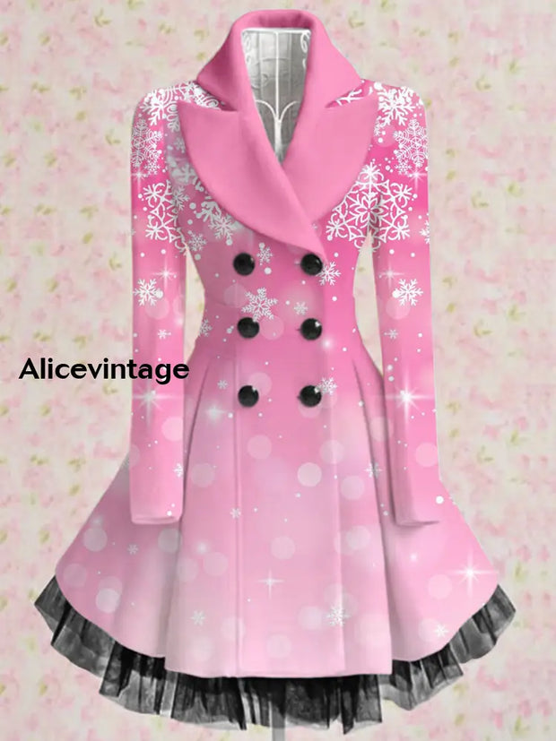 Snowflake Art Print Vintage Elegant Lapel V-Neck Button Up Long Sleeve Coat Dress