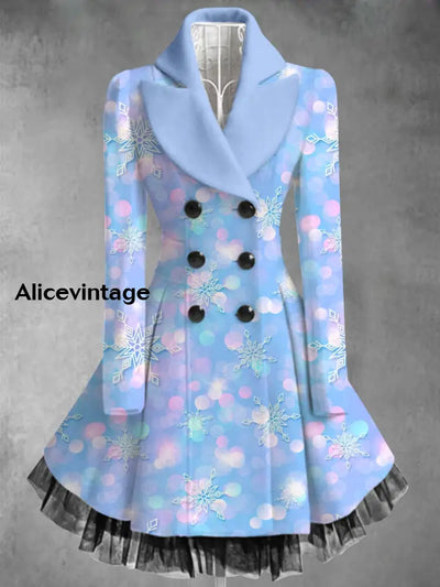 Snowflake Art Print Vintage Elegant Lapel V-Neck Button Up Long Sleeve Coat Dress