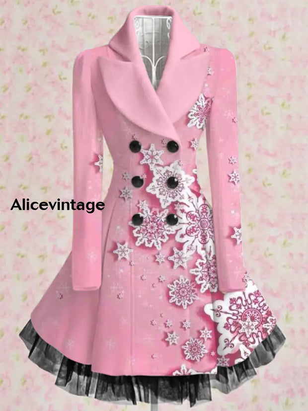 Snowflake Art Print Vintage Elegant Lapel V-Neck Button Up Long Sleeve Coat Dress