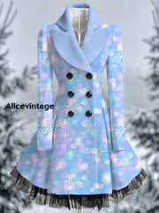 Snowflake Art Print Vintage Elegant Lapel V-Neck Button Up Long Sleeve Coat Dress A / S