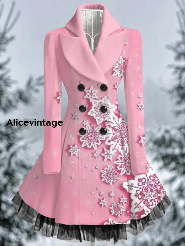 Snowflake Art Print Vintage Elegant Lapel V-Neck Button Up Long Sleeve Coat Dress A / S