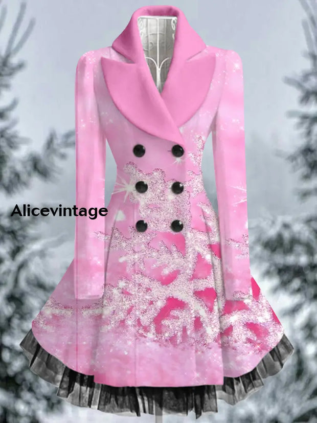 Snowflake Art Print Vintage Elegant Lapel V-Neck Button Up Long Sleeve Coat Dress A / S