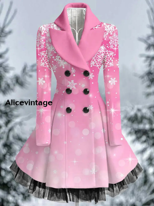 Snowflake Art Print Vintage Elegant Lapel V-Neck Button Up Long Sleeve Coat Dress A / S