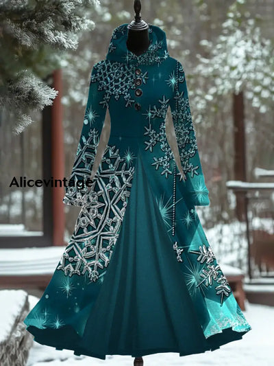 Snowflake Art Print Vintage Elegant Long Sleeve Fake Two Piece Hooded Dress A / S