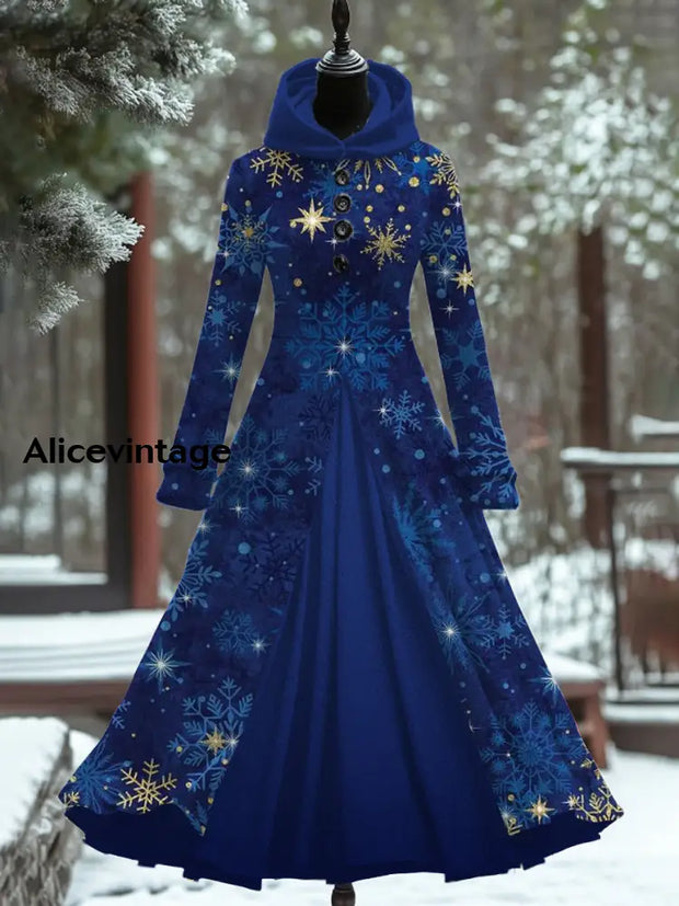 Snowflake Art Print Vintage Elegant Long Sleeve Fake Two Piece Hooded Dress A / S