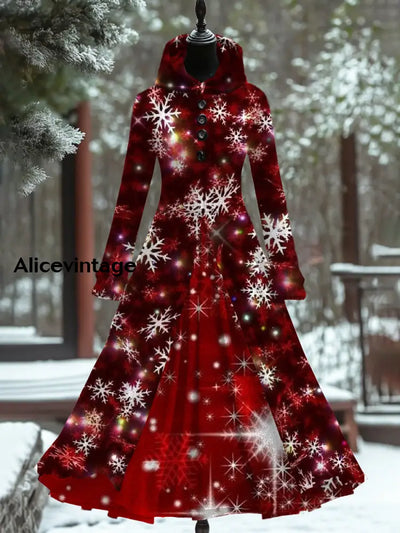 Snowflake Art Print Vintage Elegant Long Sleeve Fake Two Piece Maxi Dress A / S