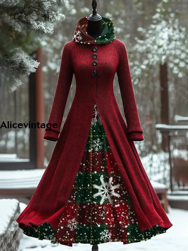 Snowflake Art Print Vintage Elegant Long Sleeve Maxi Dress