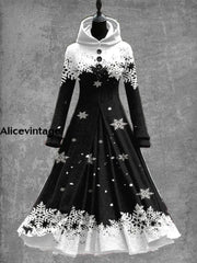 Snowflake Art Print Vintage Elegant Long Sleeve Maxi Dress