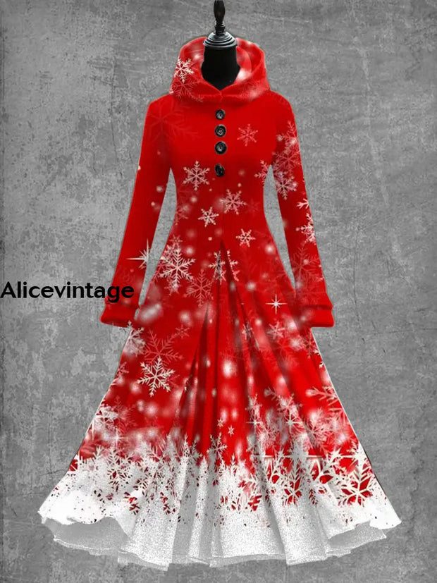 Snowflake Art Print Vintage Elegant Long Sleeve Maxi Dress