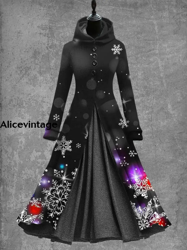 Snowflake Art Print Vintage Elegant Long Sleeve Maxi Dress