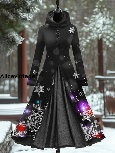 Snowflake Art Print Vintage Elegant Long Sleeve Maxi Dress A / S