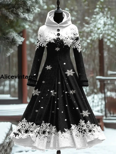 Snowflake Art Print Vintage Elegant Long Sleeve Maxi Dress A / S