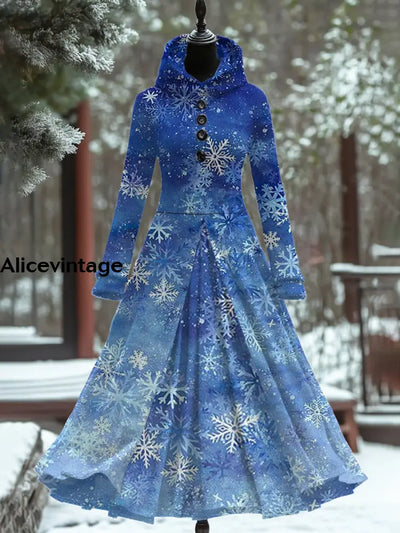 Snowflake Art Print Vintage Elegant Long Sleeve Maxi Dress Fake Two Piece A / S