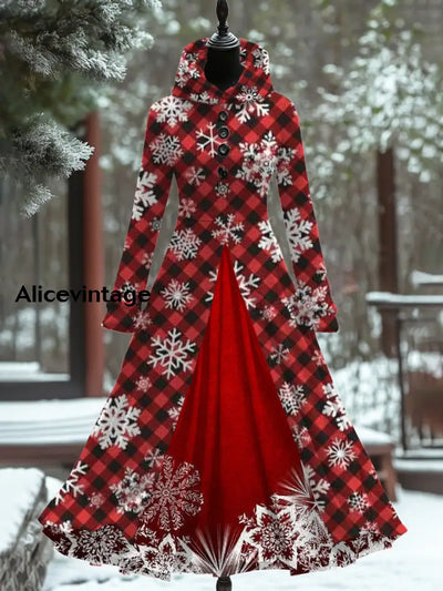 Snowflake Art Print Vintage Elegant Long Sleeve Maxi Dress Fake Two Piece A / S