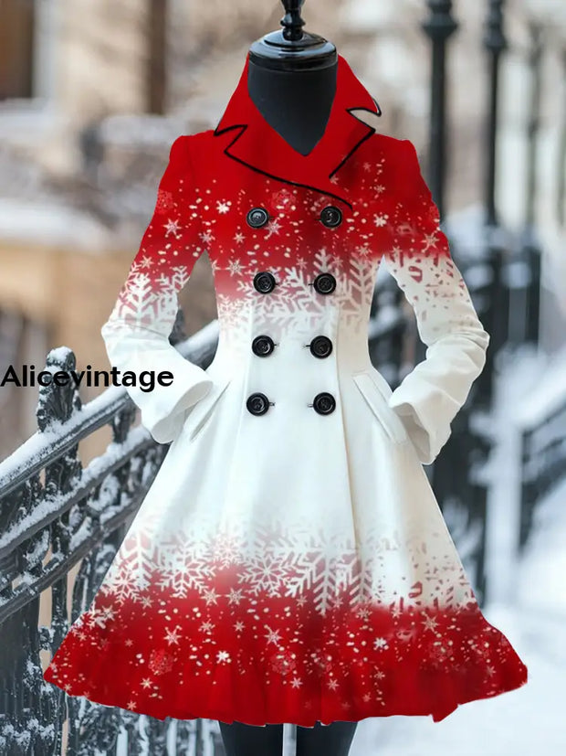 Snowflake Art Print Vintage Elegant Stand-Up Collar Long Sleeve Coat Dress A / S