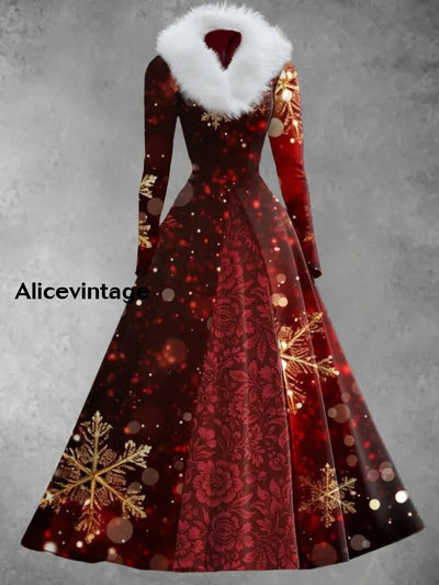 Snowflake Art Print Vintage Elegant V-Neck Fur Collar Long Sleeve Midi Dress A / S