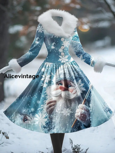 Snowflake Art Print Vintage Elegant V-Neck Fur Collar Long Sleeve Midi Dress A / S