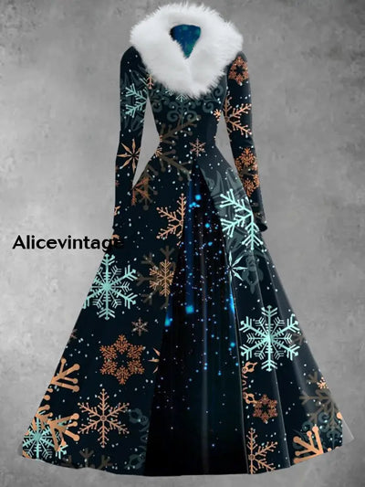 Snowflake Art Print Vintage Elegant V-Neck Fur Collar Long Sleeve Midi Dress A / S