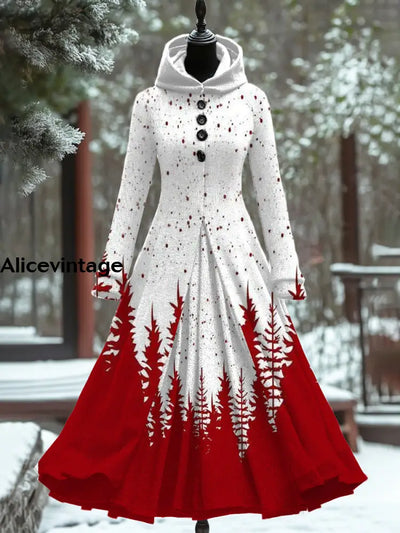 Snowflake Christmas Art Print Vintage Elegant Long Sleeve Maxi Dress A / S