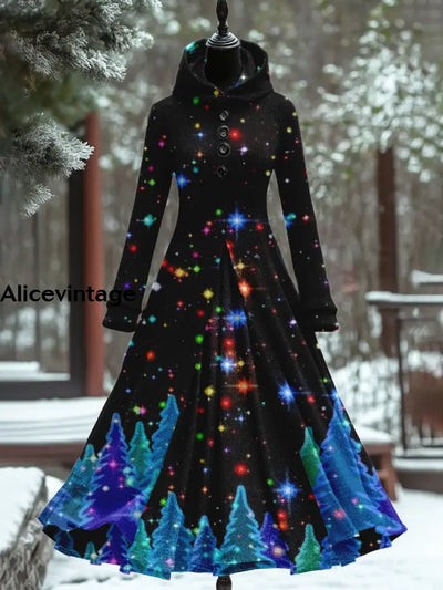 Snowflake Forest Art Print Long Sleeve Maxi Dress Hooded A / S