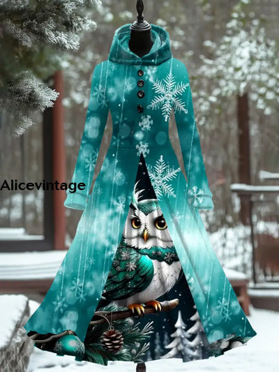 Snowflake Owl Art Print Vintage Elegant Long Sleeve Maxi Dress Fake Two Piece A / S